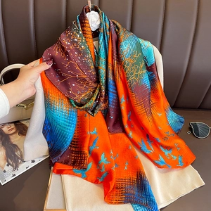 Elegant Faux Satin Scarf Shawl Wrap For Women Forest Elk Birds Print Long Lightweight Fashion Vacation Beach Accessory