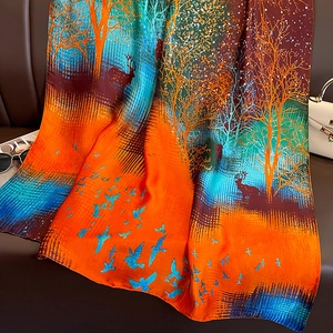 Silk feel elk pattern fashion scarf for women in vibrant orange and green forest design