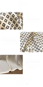 Detail of digital printed monogram pattern on premium silk-like square neck scarf