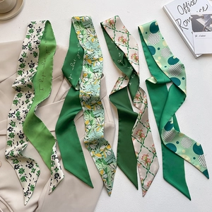French Elegant Green Satin Skinny Scarf Women Floral Leaf Polka Dot Hair Band Bag Decoration Long Neck Tie Scarf For Lady
