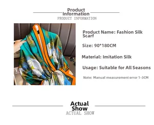 Detail of 90x180CM oversized silk scarf with floral lotus pattern and landscape print