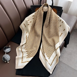 Large Square Scarf Women Satin Like Polyester Twill Monogram Print Fashion Commuter Elegant Wrap Shawl Neck Headscarf
