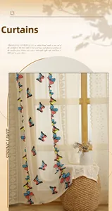 Detail of sheer lace curtain featuring colorful butterfly embroidery and geometric patterns