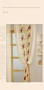 Detailed macro of thickened lace curtain with ladybug and floral embroidery patterns