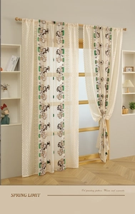 Close-up of lace sheer curtain with pastoral mushroom and daisy embroidery patterns
