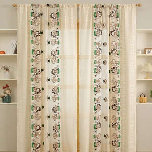 Rideau en dentelle de style pastoral avec motifs de champignons et bordure de flocon rustique