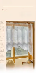 Detail of white daisy lace cafe curtain featuring intricate floral weave and scalloped edges