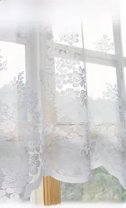 Detailed close-up of white lace daisy cafe curtain with scalloped edge and floral pattern