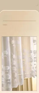 Detailed view of white daisy lace curtain featuring embossed floral embroidery and scalloped edges