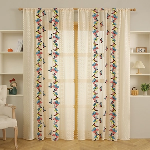 Elegant ivory lace curtains with colorful butterfly embroidery and wavy scalloped edges