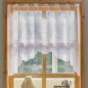 White Lace Coffee Curtain Daisy Floral Hollow Out Scalloped Edge Half Curtain For Kitchen Rod Pocket French Style