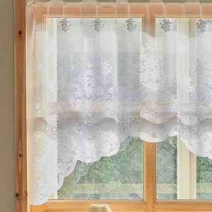 White daisy lace cafe curtain with delicate flower embroidery and wavy scalloped edges