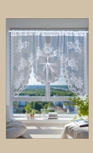 Detail of white lace cafe curtain with rose patterns and scalloped wave edges
