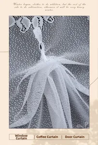 Detail of white double-layer lace coffee curtain with floral embroidery and mesh texture