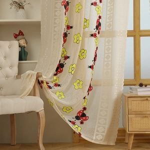 Pastoral style semi-sheer white lace curtain with embroidered butterfly and flower patterns