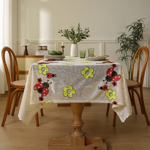 Pastoral lace tablecloth with cute ladybug and yellow flower embroidery on beige mesh