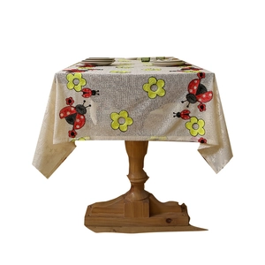 Pastoral lace tablecloth with red ladybugs and yellow floral embroidery on white mesh