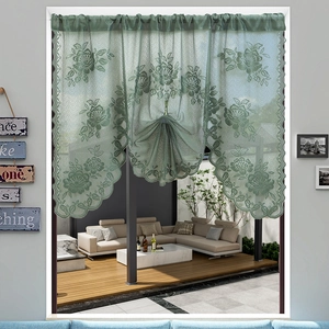 Vintage dark green lace coffee curtain with floral embroidery and scalloped edges