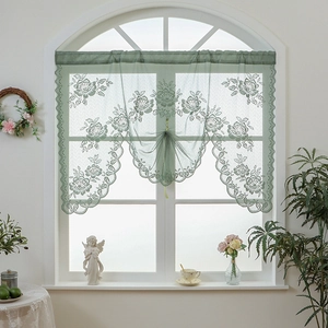 Sage green double-layer lace cafe curtain with rose embroidery and rod pocket header