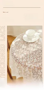 Detailed close-up of thickened lace tablecloth with intricate floral pattern and woven texture