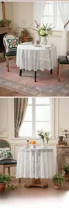 Detail of round white lace tablecloth with decorative scalloped edges and floral pattern