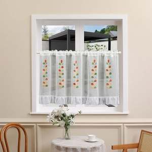 Cafe Curtain White Sheer Polyester Leaf Embroidery Ruffle Hem Rod Pocket Half Window Valance For Kitchen Bedroom