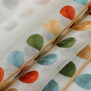 Linen style leaf embroidered cafe curtain with colorful 3D foliage and ruffled edges