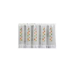 Leaf embroidered cafe curtain with ruffled hem and rod pocket in white semi-sheer fabric
