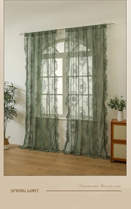 Detailed texture of dark green lace curtains with floral patterns and ruffled edges