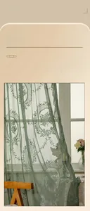 Close-up of green lace curtain featuring vintage floral embroidery and scalloped edges