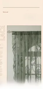 Detailed view of green vintage lace curtain with dense floral pattern and ruffled edges