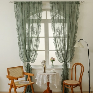 French Pastoral Lace Curtain Floral Semi Sheer Window Screen With Ruffle Edge Vintage Style Elegant Home Decor Voile Drapes