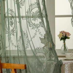French pastoral green lace curtain with vintage floral embroidery and ruffled edge