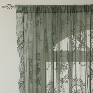 Sage green French lace sheer curtain with floral patterns and ruffled edges for windows