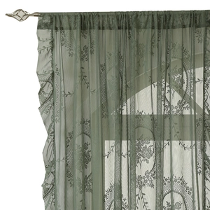 French country dark green lace sheer curtain with damask floral patterns and ruffles
