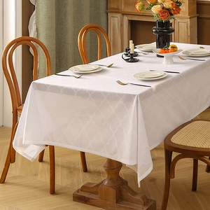 Minimalist white rectangular tablecloth with clover texture for dining room decor