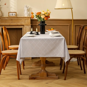 Minimalist light gray tablecloth with white Moroccan geometric pattern for dining tables