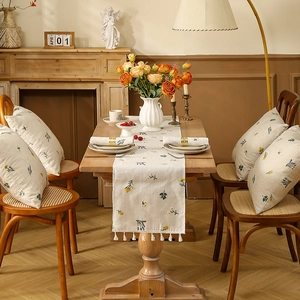 Linen table runner with wheat embroidery and tassels for farmhouse dining decor