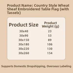 Size chart showing dimensions and weight for embroidered wheat table runner with tassels
