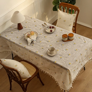 Linen tablecloth with yellow cherry embroidery and tassel edge for dining room decor