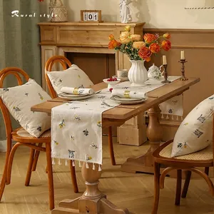 Table Runner Linen Polyester Embroidered Wheat Pattern With Tassels Pastoral Rural Style For Dining Coffee Table