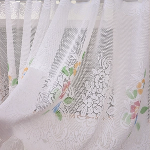 Elegant white lace cafe curtain with colorful floral embroidery and mesh texture