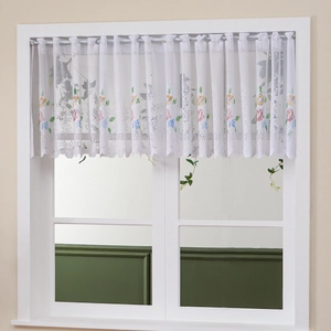 White lace cafe curtain with colorful floral embroidery and elegant scalloped edge