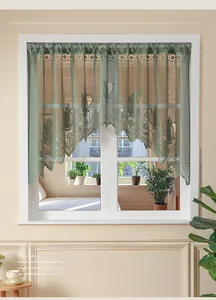 Detailed French lace cafe curtain featuring a green curved V-shape and teapot patterns