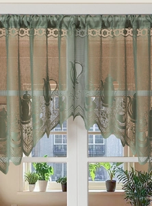 Detailed close-up of sage green lace cafe curtain with coffee pot and floral patterns