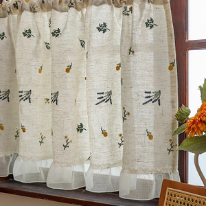Linen embroidered cafe curtain with floral pattern and white mesh ruffled edge