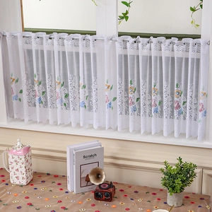 White lace cafe curtain with colorful floral embroidery and delicate mesh details