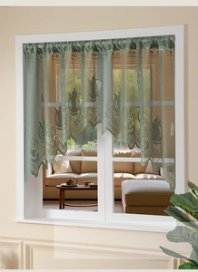 Detailed lace texture with coffee pot patterns on a green scalloped cafe curtain