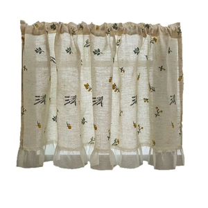Japanese style linen cafe curtain with yellow floral embroidery and ruffled edge