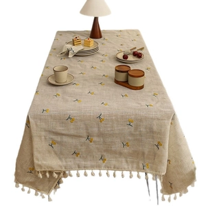 Linen table cloth with embroidered cherry patterns and beige tassel edges for dining tables